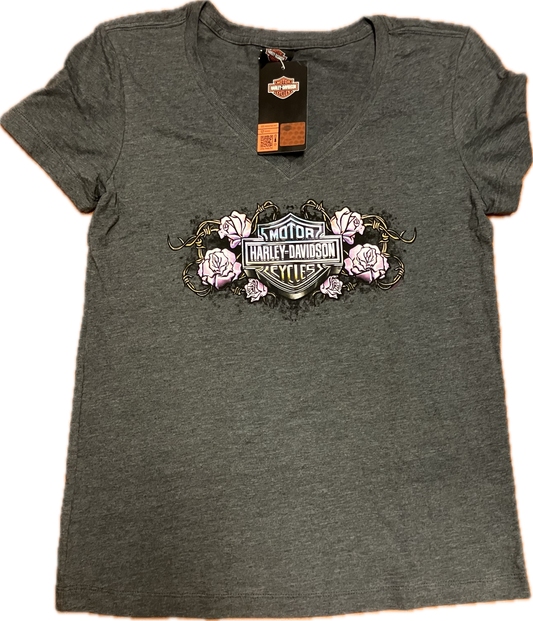 Ladies Medium Grey Big Moose Harley Davidson custom v neck short sleeve t shirt